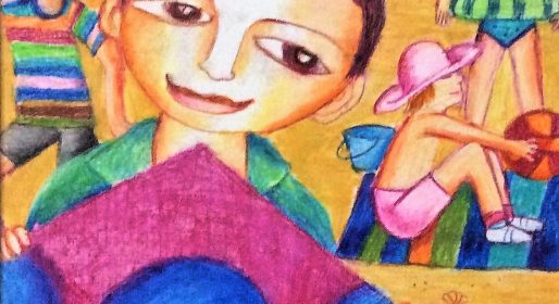 children flying kites in Beach- oil pastels kenfortes art class - online premium children arts classes fro painting drawing crafts